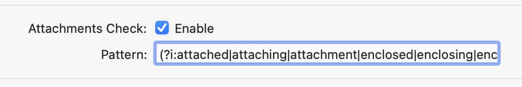 MailMate preference pane showing regular expression to check against attachment mentions