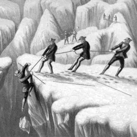 The Glacier du Tacconay – three explorers hauling a fourth out of a deadly crevasse